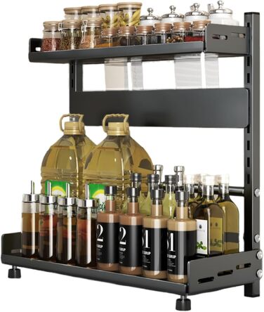 Металевий органайзер для спецій на 2 яруси, регульована висота, з захисним гратом та тримачем для ножів, чорний