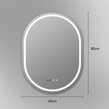 Дзеркало для ванної кімнати YOURLITE з підсвічуванням, 60 см, LED, сенсорне керування, 3 кольори світла, регулювання яскравості, антизапар, пам'ять, годинник, овальне, білий