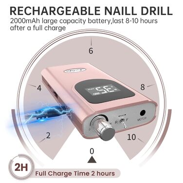 Електрична шліфувальна машинка для нігтів Kredioo з LED-дисплеєм, 35000 об/хв, для гелю та акрилу, 6 насадок, для професійного та домашнього використання, Champagner Gold