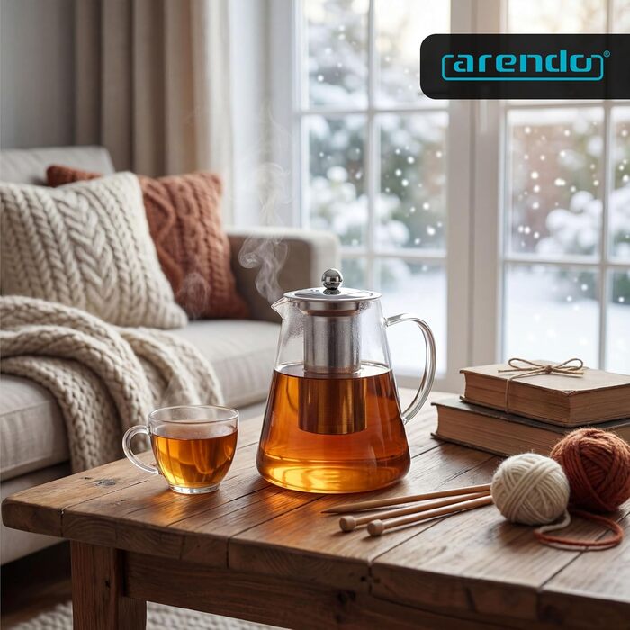 Чайник скляний Arendo з ситом 1200 мл – з боросилікатного скла, нержавіюча сталь, сито дрібного плетіння, термостійкий, для листового чаю, трав'яного чаю, фруктового чаю, чайник-заварник, довговічний