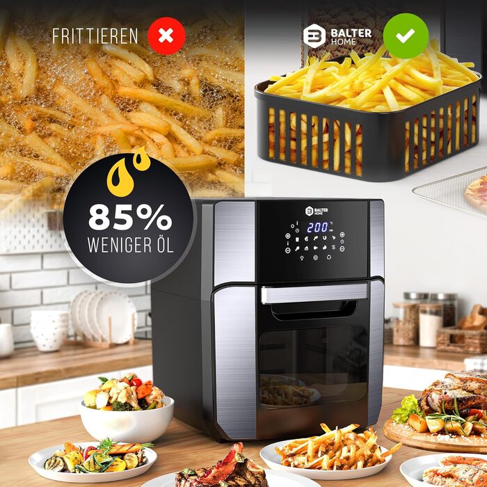 Мультипечі Airfryer Balter HL-1200 XXL: аерофритюрниця, міні-духовка та дегідратор 12л, 10 програм, чорна