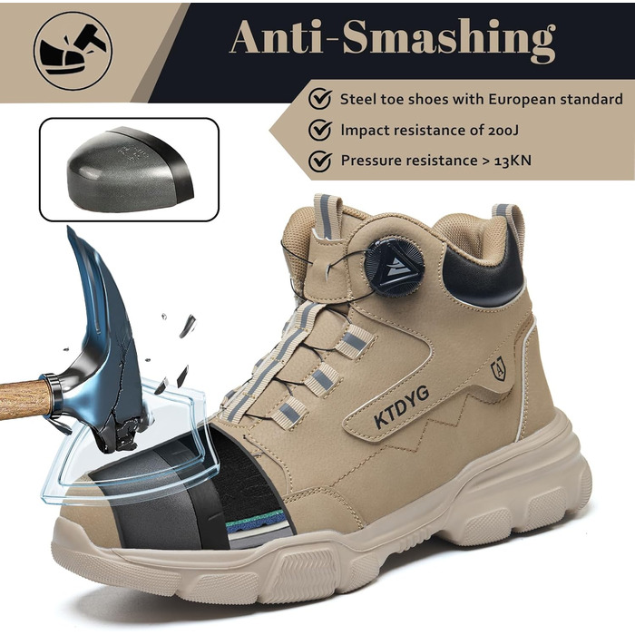 Черевики безпеки чоловічі/жіночі водонепроникні, легкі, спортивні, з металевим носком, антиковзаючі, з поворотним затвором (38 EU, Хакі)