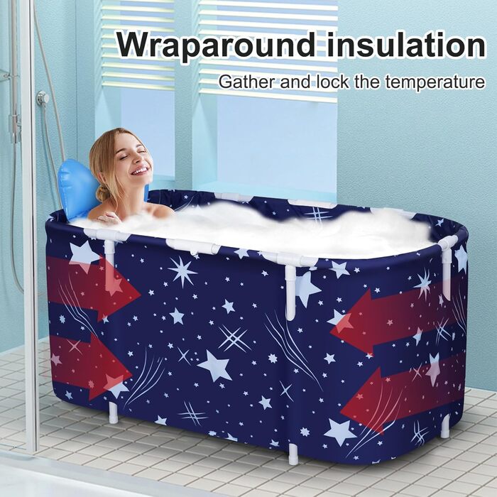 Foldable Bathtub for Adults, 132 x 68 x 47 cm, Steam Bucket for Sauna, Shower, and Ice Bath, Portable, Non-Inflatable (Blue) (Blue)