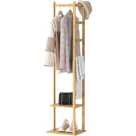 unho Bamboo Wardrobe Rack, Freestanding Clothes Rack, Coat Rack with Clothes Rail, 2 Shelves, 3 Hooks for Clothing, Hats, Bags, Hallway, Entrance Area
