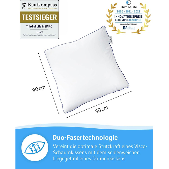 Pillow 80x80 inSPIRO 2-Piece Set, Orthopedic Sleep Pillow from the 2022 Innovation Award Winner, 80 x 80 cm pillow for Side Sleepers, Back Sleepers, Stomach Sleepers, Neck Support Pillow for Allergy Sufferers 80 x 80 - 2-Piece Set