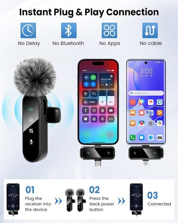 Беспроводной петличный микрофон Dual Set - Plug & Play, с автоматическим сопряжением, шумоподавлением, для iPhone, Android, USB-C устройств, YouTube, подкастов и видеосъемки