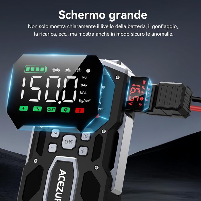 Портативний пусковий пристрій для автомобіля з повітряним компресором 8000A/150PSI (12V, для бензинових та дизельних двигунів) з LCD-дисплеєм M03