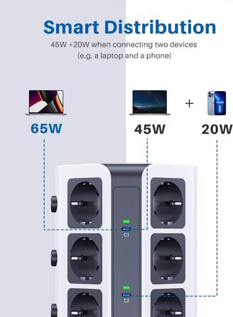 Блок розеток KOOSLA з USB-C, 12 розеток, 3680W/16A, захист від перенапруги (1500J), індивідуальне вмикання, сірий колір, 5м кабель, 65W PD USB-C, 2м