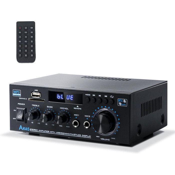 NEOHIPO HiFi-усилювач AK45 Mini, Bluetooth стерео аудіоусилювач 400Вт, 2-канальний, цифровий, з FM-радіо, SD/USB, для дому або авто, чорний