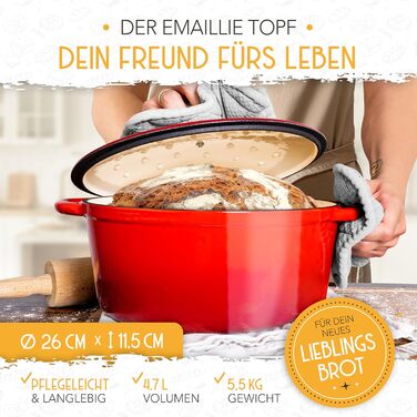 KRUSTENZAUBER Cast Iron Pot [incl. Proofing Basket] - High-Quality Enamel Pot 26cm - Ideal Cast Iron Bread Pot for Baking, Cast Iron Pot for Baking Bread, Bread Baking Accessories Enamel Red