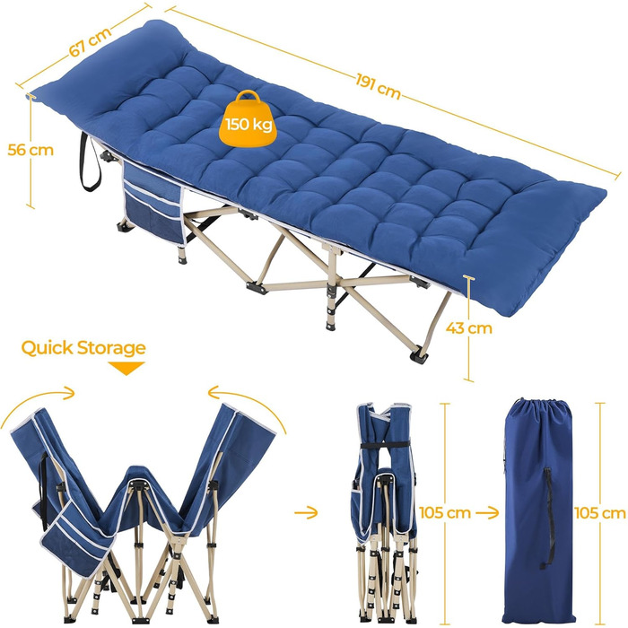 Ліжко складане Yaheetech з матрацом для кемпінгу, сіре, 191x67 см, до 150 кг - гостьове ліжко з сумкою та кишенями