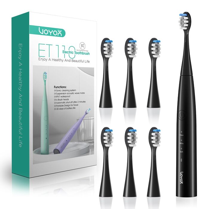 Електрична звукова зубна щітка Ultraschall ET110 (Чорна) - 41000 VPM, 70 днів роботи, 6 насадок, таймер, IPX7