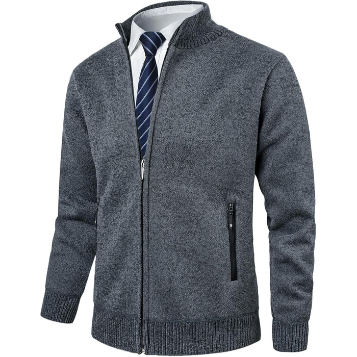 Чоловіча в'язана кофта з коміром-стійкою, на блискавці, з м'яким флісовим підкладкою, спортивна куртка-кардиган, дрібний в'яз, осінньо-зимова куртка (XXL, сірий)