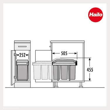 Відро для сміття Hailo Tandem 3650103 | Вбудований контейнер для сміття 2 секції | 50 мішків у комплекті | для шаф шириною від 300 мм | Зручний висувний механізм на роликах | Сріблястий та антрацитовий пластик