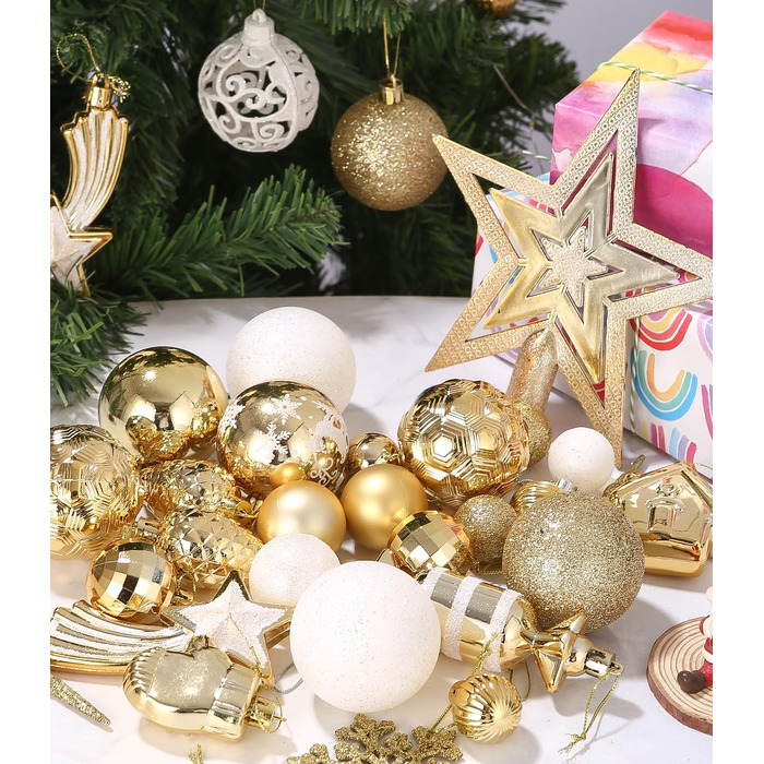 121 шт. прикрас для ялинки золотого та білого кольору, набір, пластик, зірка на верхівку, декор для ялинки, Новий рік, свята