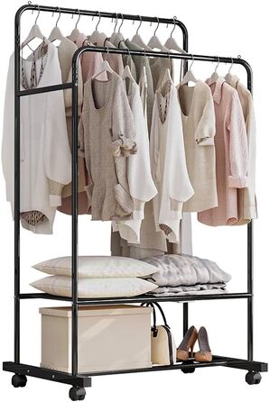 Clothes Rack, Rolling Garment Rack with 2 Clothes Rods, 2 Shelves for Boxes (Black)