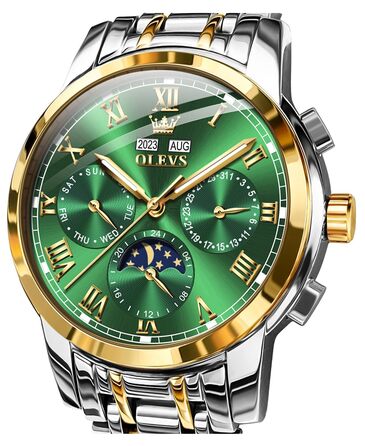 Чоловічий механічний годинник OLEVS з автопідзаводом, золотисто-сріблястий сталевий браслет, зелений циферблат, фаза місяця, водонепроникний, бізнес-клас