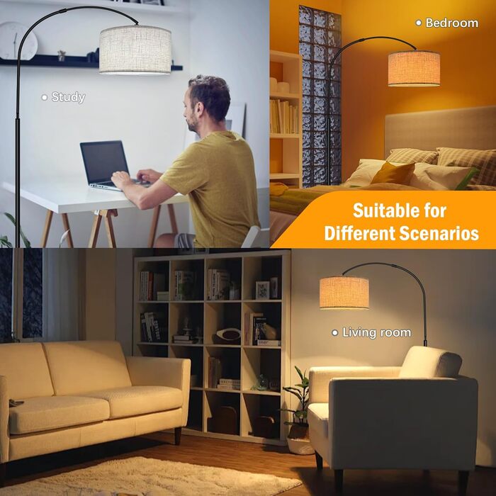 Стійка лампа для вітальні з 3 режимами кольору, 12W, LED, з абажуром з льону, вимикач на ніжці, диммер. Підходить для спальні, читання, офісу та інших приміщень.