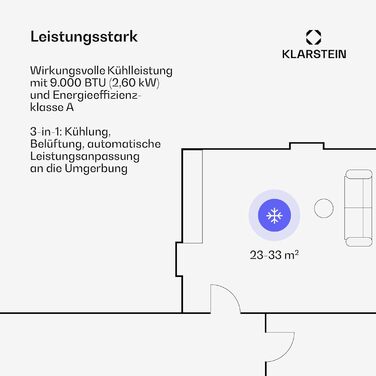 Klarstein Aero Ring Mobile Klimaanlage: 9000 BTU, 3-в-1 (Охолодження, Зволожувач, Вентилятор), Smart App, Голосове керування, для приміщень до 31 м², Клас енергоефективності A, R290, Кольори: Чорний