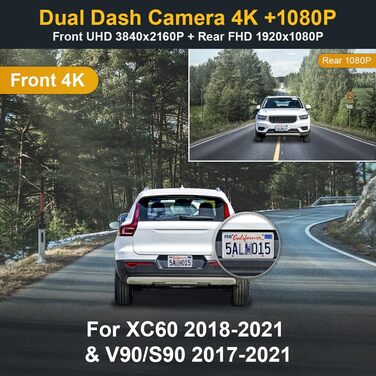 Відеореєстратор FITCAMX для Volvo XC60/S90/V90 (2022-2026) 4K Dual 2160P + 1080P, WiFi, G-сенсор, OEM, 128GB карта