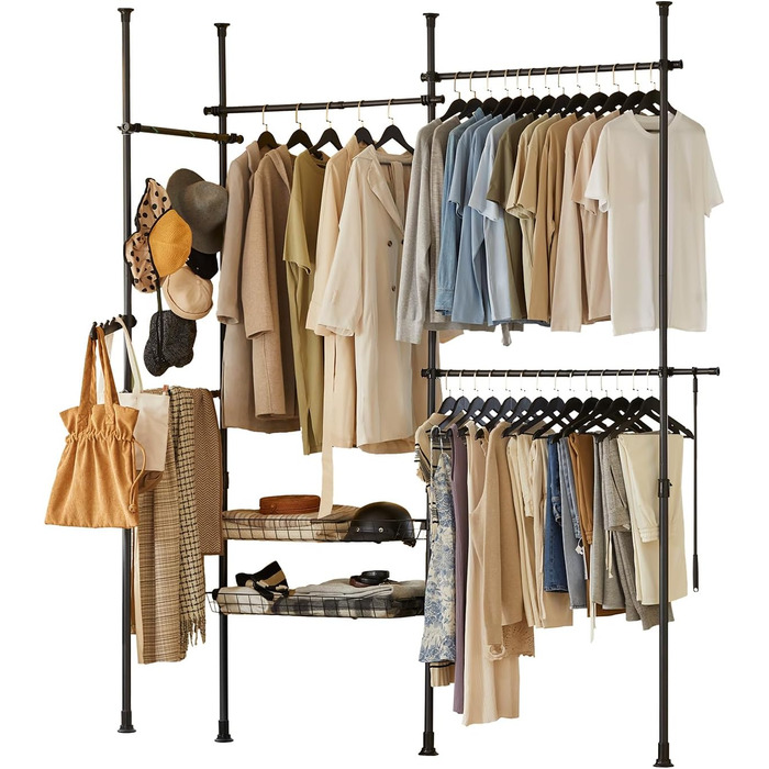 SoBuy KLS04-SCH Telescopic Rod Clothes Rack with 5 Clothes Rails and 2 Baskets Telescopic Wardrobe System Adjustable Shelving System B (209-311) x (200-285) cm