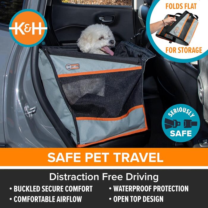 Автомобільний автокрісло для собак K&H Pet Products Buckle N' Go, сірий, середній, 53 x 33 x 48 см, водонепроникний, з ременями безпеки