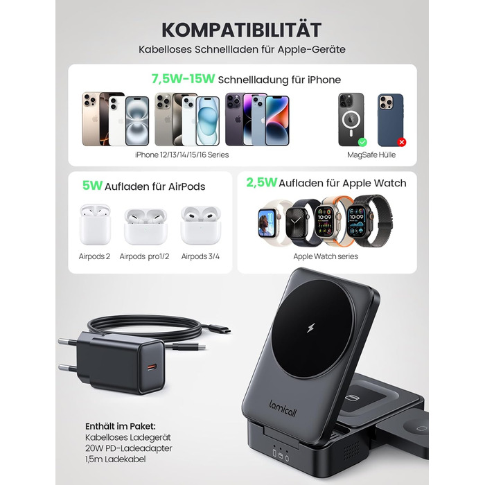 Зарядний станція Lamicall 3-в-1 для MagSafe: iPhone, Apple Watch, AirPods. Складана, портативна, бездротова. Сумісна з iPhone 17/16/15/14 Pro Max Plus Air.