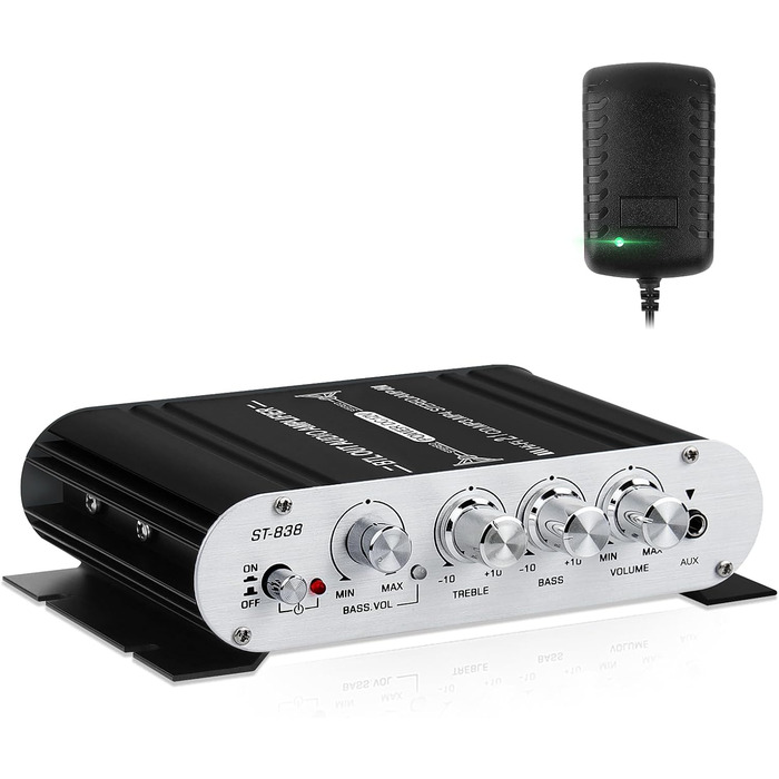 HiFi аудіо підсилювач 2.1-канальний ST-838, стерео, клас D, 20Вт×2+40Вт, з сабвуферним виходом, міні цифровий підсилювач, AUX, для дому та авто, чорний/сріблястий, з адаптером живлення