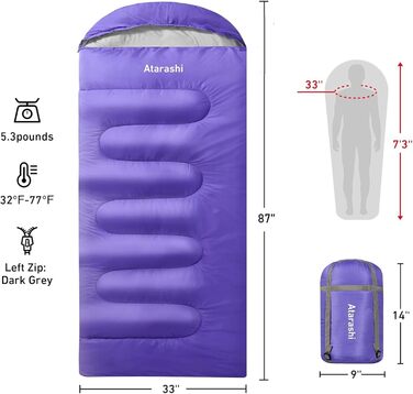 Сплячий мішок Atarashi Camping 4 сезони для дорослих, великий, теплий, з компресійним мішком. Ідеально для походу, трекінгу та відпочинку на природі (83 x 224 см)
