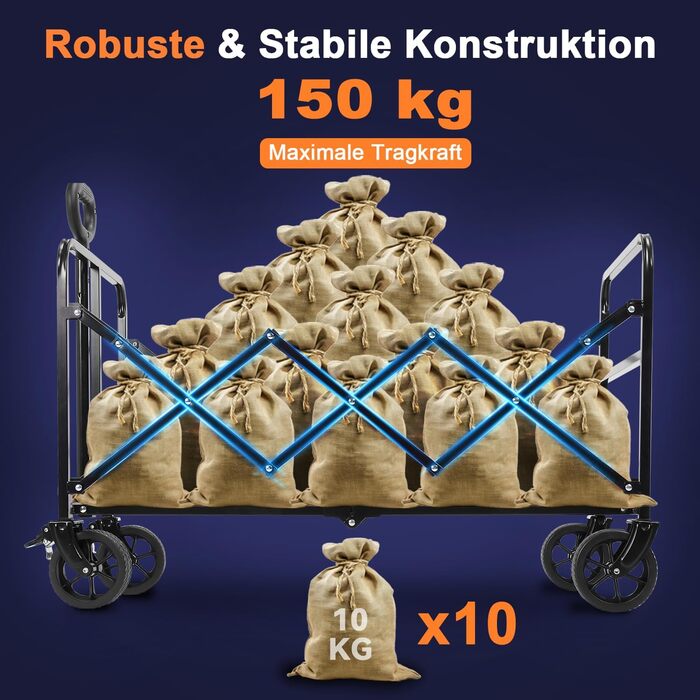Візок складний Bollerwagen 150л, вантажопідйомність 150 кг, регульована ручка, позашляхові колеса для кемпінгу, саду, відпочинку 94x43x42 см
