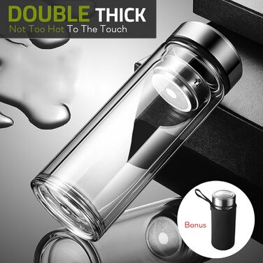Double-walled glass tea bottle, 1 liter with 2-in-1 stainless steel infuser for on-the-go use, 1000ml large volume. Tea bottle 100% leak-proof, 1 l (600ml suitable for office/roadtrip/school/on the go)