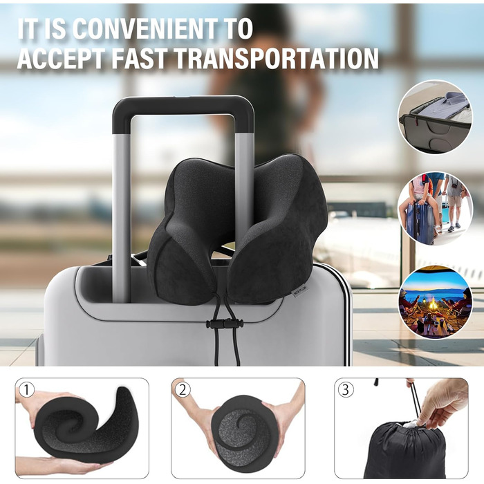 Подушка для шиї у подорожах: автомобільна, для літака, з memory foam та м'яким чохлом. Підходить для дорослих, офісу, дому та кемпінгу (Чорний)
