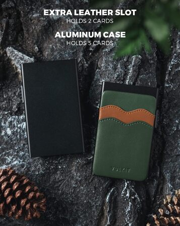 VULKIT Слім гаманець-картхолдер з RFID захистом, шкіряні слоти, металевий кейс, зелений