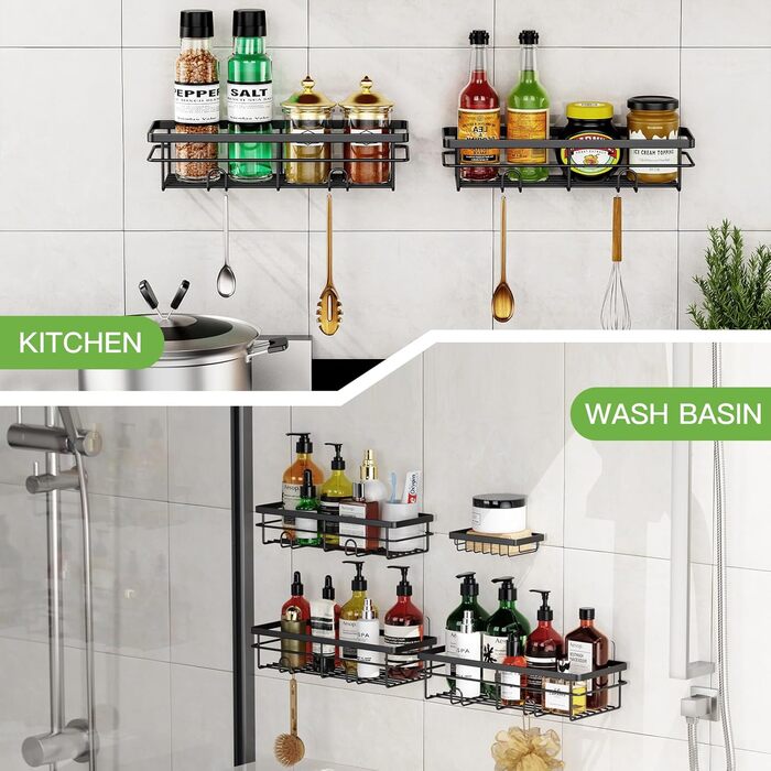 Поличка для душу Uamector без свердління, кутова, металева, з 4 кошиками, телескопічна, регульована по висоті 107-306 см, для ванної кімнати (4 шт, чорний)