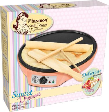 Електрична млинниця Bestron Retro, 30 см, антипригарна, 1000 Вт, оранжева, з лопаткою і розподільником тіста