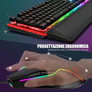 RedThunder K10 Бездротова ігрова клавіатура та миша з підсвічуванням LED, акумулятор 3800 mAh, механічне відчуття, Anti-Ghosting, миша 7D 3200 DPI, QWERTY-розкладка, для PC геймерів (Чорний)