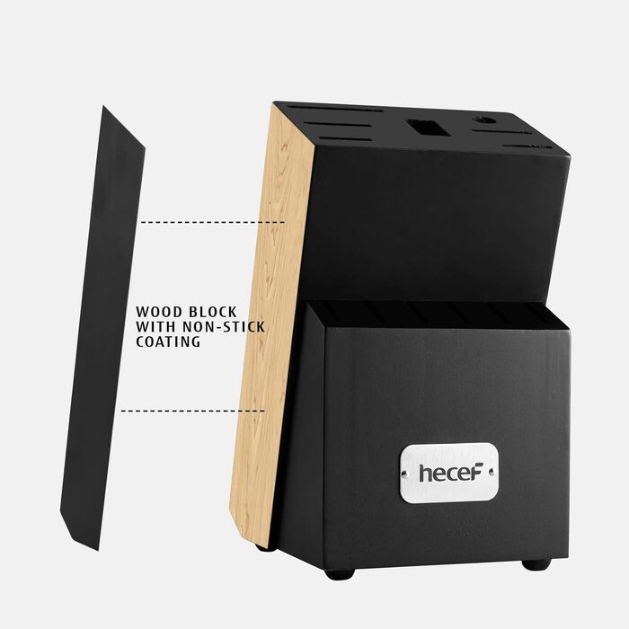 Набір ножів Hecef 14 предметів: професійний набір ножів з дерев'яним блоком, з нержавіючої сталі, з шліфувальником, ножицями та ножем для стейку (чорний)