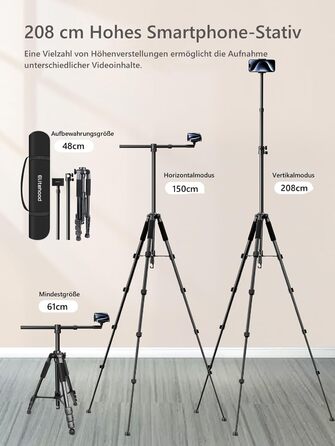 Штатив настільний Elitehood з виносним плечем 114 см, гнучкий, для iPhone, Android, відеозйомки, 180 см, 63 см