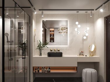 Дзеркало для ванної кімнати Keonjinn з підсвічуванням 60 см, антизапарюючий, з сенсорним вимикачем, пам'ять, 3 кольори світла, регульована яскравість, LED, без рами, прямокутне (90x90 см)