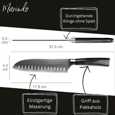 Японський ніж Santoku Marindo® з нержавіючої сталі 17,8 см | Ніж для кухні з дамаскною обробкою та стійкою дерев'яною ручкою | Універсальний японський ніж з подарунковою упаковкою | Гострий та нержавіючий