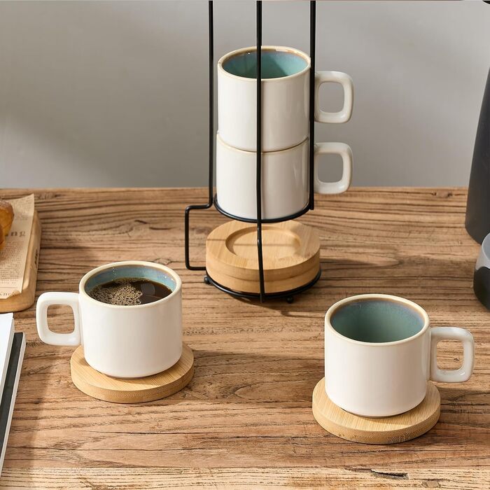 Набір чашок еспресо LUKA з блюдцем та металевою підставкою (4 шт.) - 100 мл, кераміка, мармуровий білий (біло-зелений)