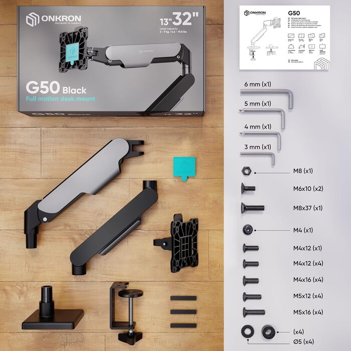Кронштейн для монітора ONKRON G50-B з газліфтом, для екранів 13-32 дюйми до 9 кг, VESA 75x75/100x100, регульований настільний тримач, чорний