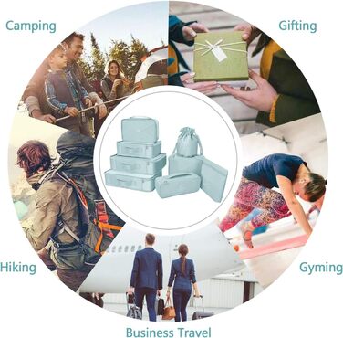 Органайзери для валізи, 8 комплектів, 7 кольорів. Набір для подорожей, водонепроникні мішки для взуття, компресійні мішки для одягу (сірий, блакитний)