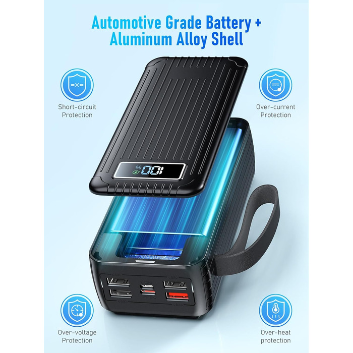 Power Bank 60000 mAh з PD 45W, 6 портів (4 USB-A, 2 Type-C), LED дисплей, вбудовані кабелі, чорний