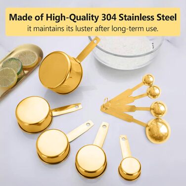 StellarHorizon Measuring Cups and Spoons, 9-Piece Set, Stainless Steel Handles with Metric and US Measurements, Gold-Polished Finish, for Dry and Liquid Ingredients, Measuring Cups for Cooking and Baking