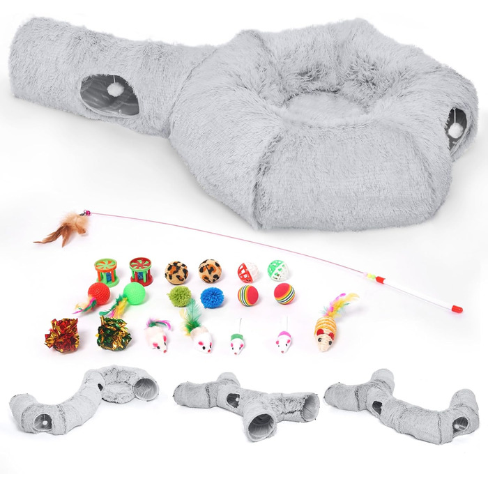 Odoland Cat Tunnel - Large Cats, Foldable Cat Tunnel with Play Ball Cat Bed, Multifunctional Crinkle Tunnel Cat Cave Interactive Toy for Indoor Kittens