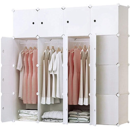 BRIAN & DANY 12-Cube Wardrobe, Modular Closet Wardrobe Shelf System Plastic Wardrobe with Doors & 2 Hangers, Additional Stickers Included (16 Cube, White)