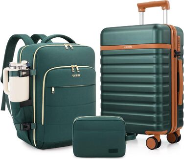 Набір валіз UKEIN 3 шт. з PC корпусом, міцний дорожній набір, ручна поклажа з TSA замком, 4 спіннер колеса, рюкзак та косметичка (3 шт.) (Темно-зелений)