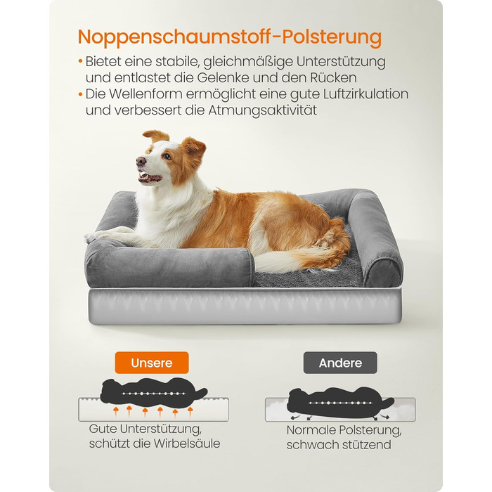 Ортопедичне ліжко для собак Feandrea, м'яке, з піднятими бортиками, 91 x 68 x 18 см, сірий колір, знімний чохол, неслизьке дно