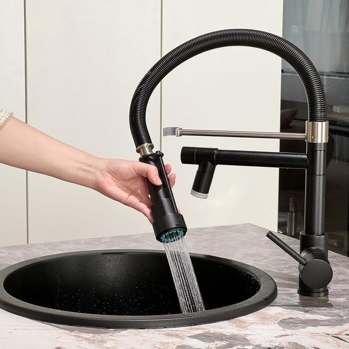 Чорний кухонний змішувач LED з висувною лійкою, поворотний на 360°, з спіральною пружиною, однорідний, для високого тиску, з висувною насадкою, з LED-підсвічуванням